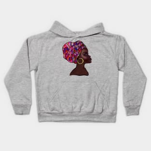 Afro queen With pink Kinte headwrap- Mahagony brown skin girl with thick glorious, curly Afro Hair and gold hoop earrings Kids Hoodie